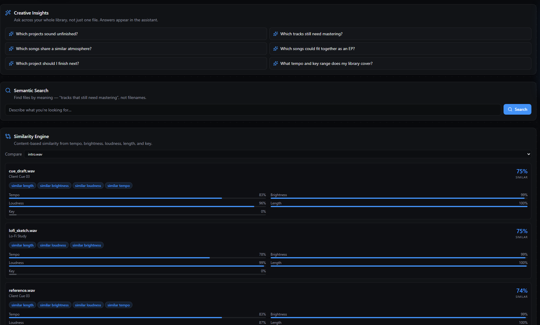 The Insights view: a grid of question starters, semantic search, and the similarity engine comparing tracks across tempo, brightness, loudness, length and key.