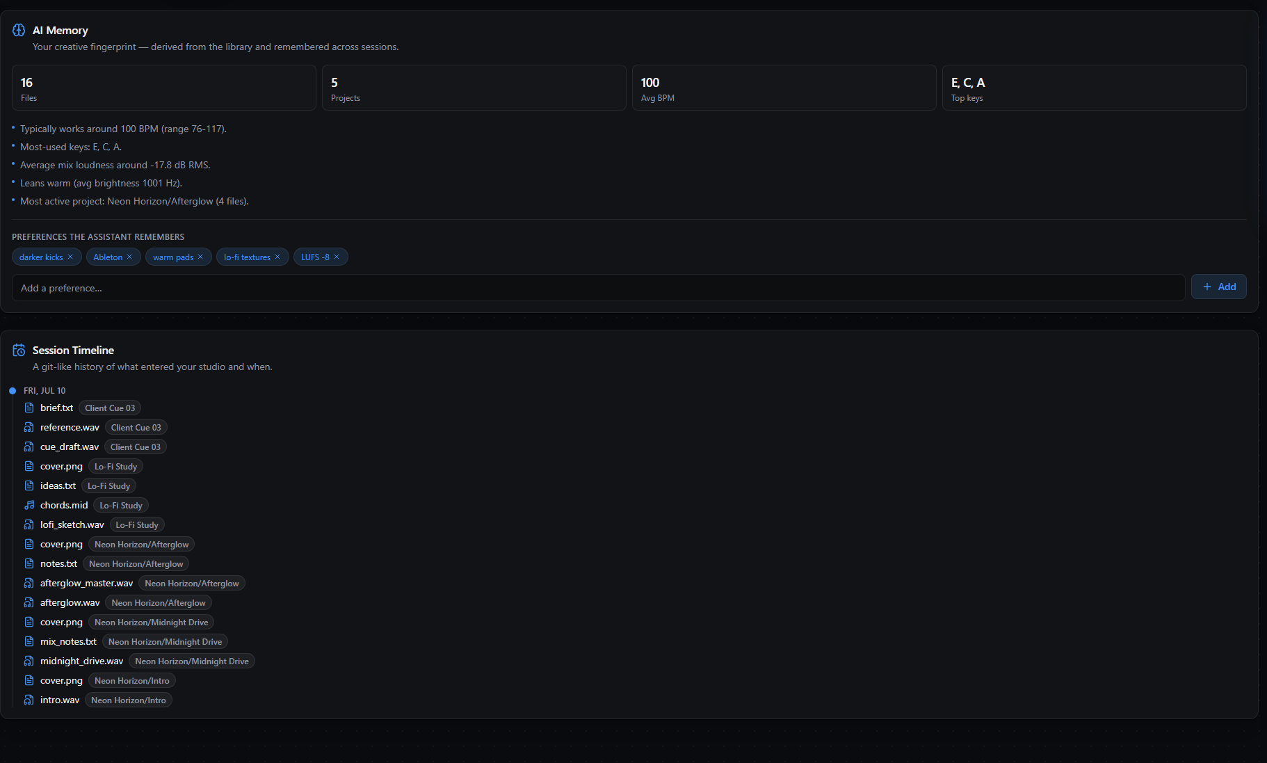 The Studio view: AI memory showing a creative fingerprint with file, project, tempo and key statistics, remembered preferences, and a session timeline listing files by the date they arrived.